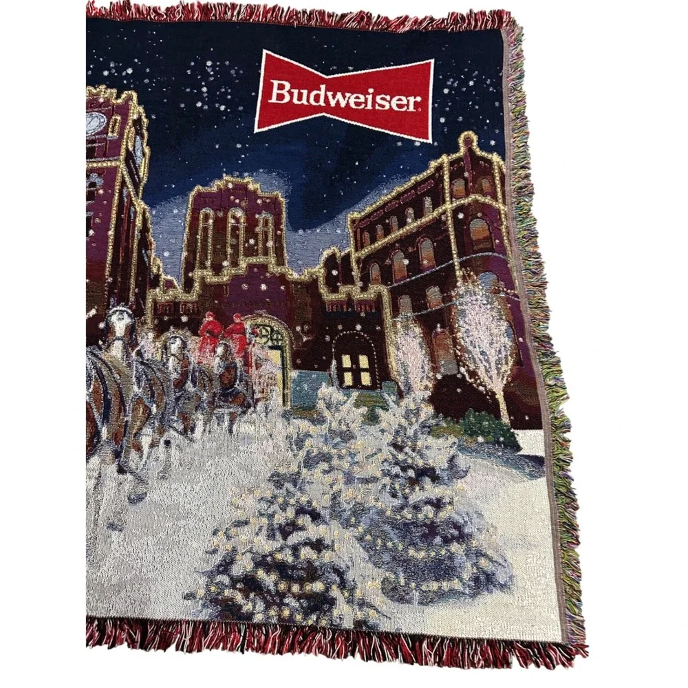 Budweiser Clydesdale Winter Brewery Woven Tapestry Throw Blanket 100% Cotton